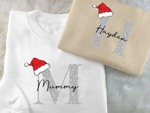 Personalised Christmas Sweatshirt, Custom Name & Initial Xmas Sweatshirt, Family Matching Crewneck Jumper, Adults and Kids Christmas Tops