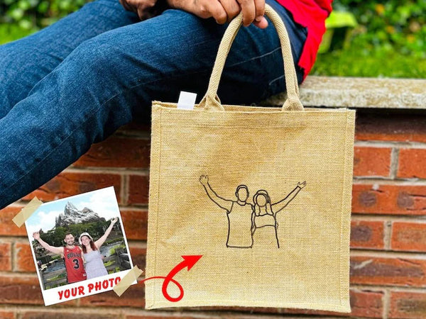 Custom Couple Photo Portrait Tote Bag, Embroidered Faceless Outline Sketch Bag, Shopping Jute Tote Bag, Personalised Birthday Gift for Him