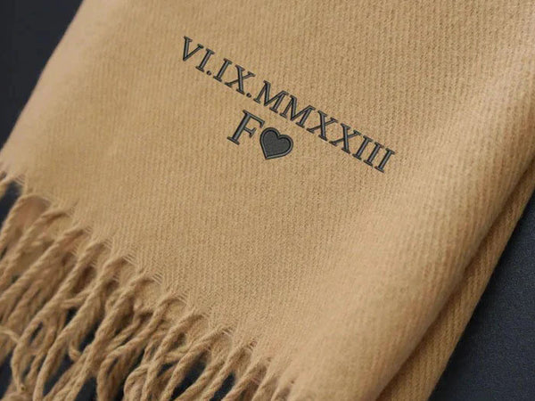 Embroidered Roman Numeral Date Scarf, Personalised Name Initials Winter Scarf, Comfy Woven Long Scarf with Tassels, Christmas Gift for Him