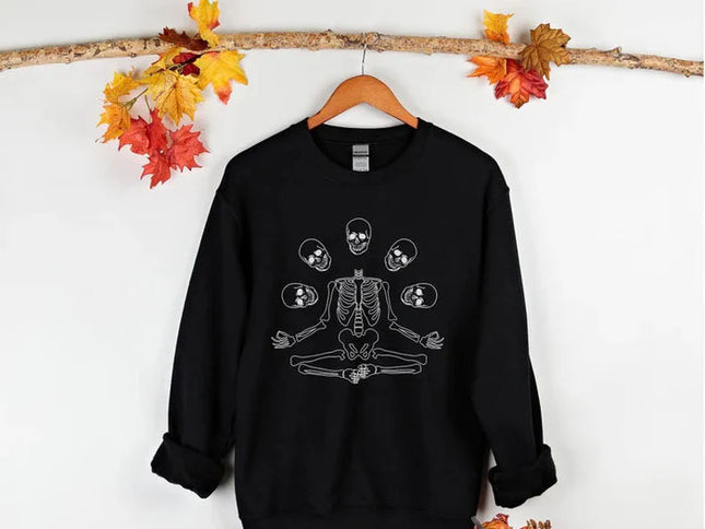 Halloween Skull Skeleton Sweatshirt, Goth Halloween Printed Sweatshirt