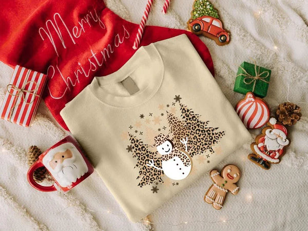 Christmas Trees Sweatshirt, Retro Leopard Art Trees Printed Sweater, Cute Winter Snowman Jumper, Family Matching Xmas Outfit, Christmas Gift