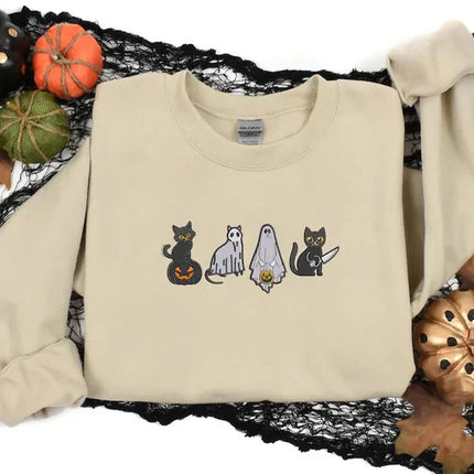 Spooky Cats Embroidered Sweatshirt, Halloween Ghost Black Cats Sweater, Vintage Fall Pumpkin Jumper, Cat Lovers Adults Halloween Outfit Gift