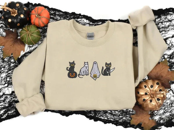 Spooky Cats Embroidered Sweatshirt, Halloween Ghost Black Cats Sweater, Vintage Fall Pumpkin Jumper, Cat Lovers Adults Halloween Outfit Gift