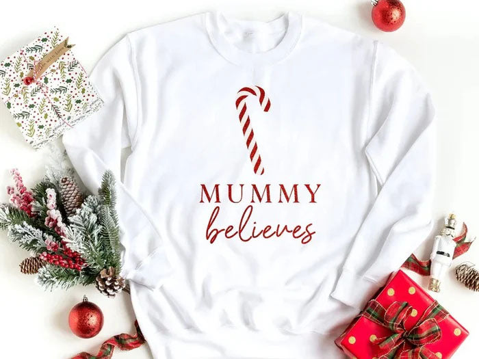 Custom Christmas Believe Sweatshirts, Personalised Name Xmas Candy Cane Printed Sweater, Merry Christmas Jumpers, Christmas Night Presents