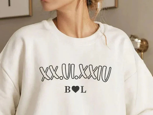 Roman Numeral Matching Sweatshirt, Embroidered Couple Anniversary Date Jumper, Custom Initials with Heart Sweater, Best Gift for Boyfriend