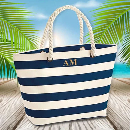 Personalised Tote Bag, Custom Initial Printed Neutical Bag, Holiday Striped Bag with Rope Handle, Bridal Party Bag, Traveling Gift for Her