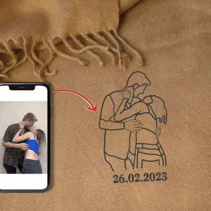 Custom Couple Photo Portrait Scarf, Personalised Line Art Embroidered Sketch Scarf, Comfy Winter Matching Scarves, Christmas Gift for Hubby