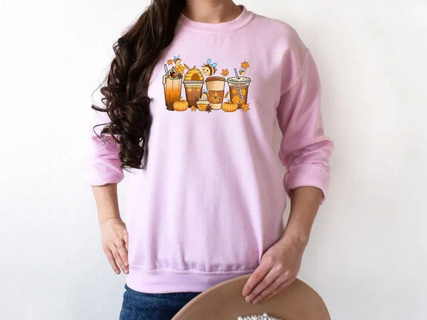 Autumn Jumper, Vintage Fall Sweater, Pumpkin Coffee Cups Autumn Crewneck Sweatshirt, Halloween Season Clothing, Unique Outfit