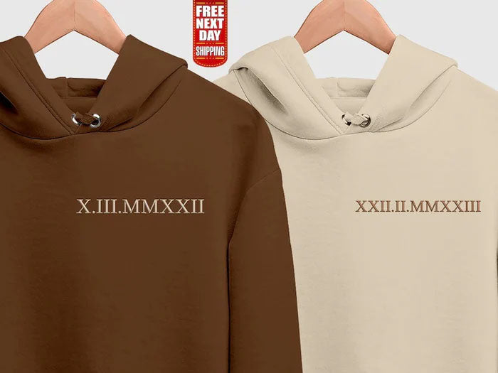 Personalised Roman Numeral Date Hoodie, Embroidered Couples Matching Hoodies, Custom Anniversary His & Hers Jumpers, Soulmate Wedding Gifts