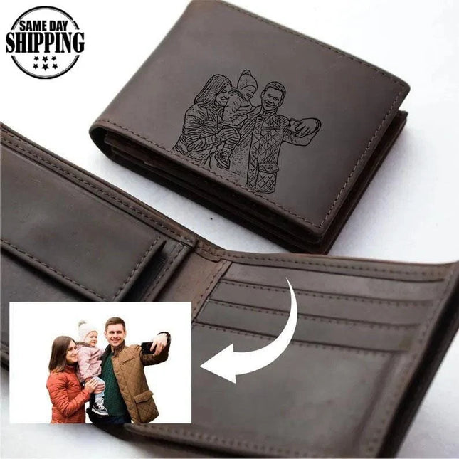 Personalised Engraved Leather Wallet, Custom Photo Portrait Wallet, Mens Wallet