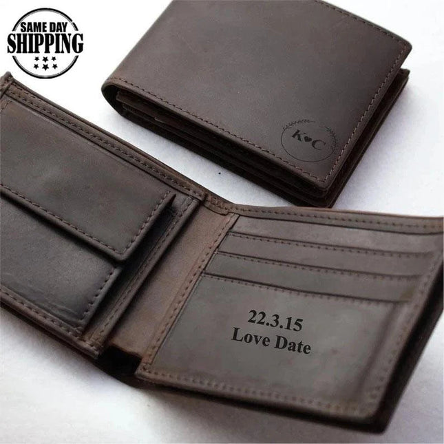 Personalised Leather Mens Wallet, Custom Name & Text Handwriting Engraved Wallet