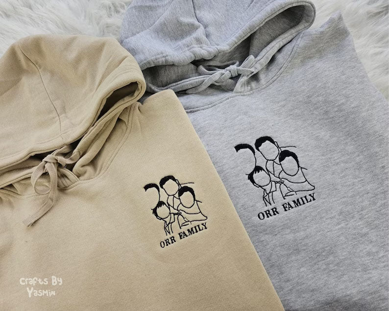 Custom Photo Embroidered Hoodie, Personalised Family Matching Sketch from Photo Unisex Jumper, 1st Anniversary Special Date Initial Outfits