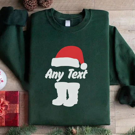 Custom Any Text Christmas Sweatshirt, Christmas Santa Hat & Shoes Printed Sweater, Xmas Eve Matching Jumper, Personalised Christmas Outfits