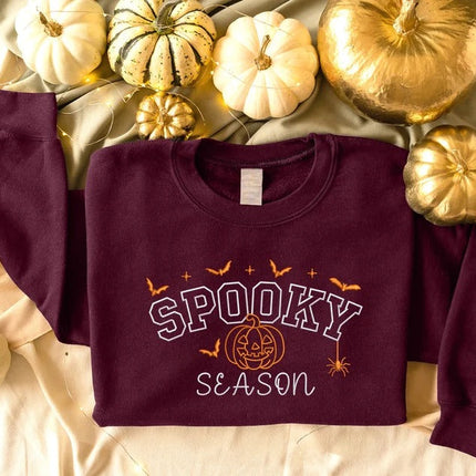 Spooky Season Embroidered Sweatshirt, Varsity Lettered Halloween Jumpers, Autumn Clothing, Fall Sweater, Halloween Sweater, Halloween Gifts