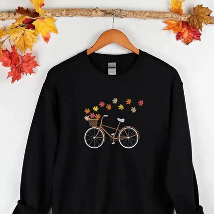 Maple Leaves Bicycle Embroidered Fall Jumper, Cycle Bucket With Leaves Autumn Sweatshirt, Spooky Crewneck Sweater, Unisex Sweater, Fall Gift