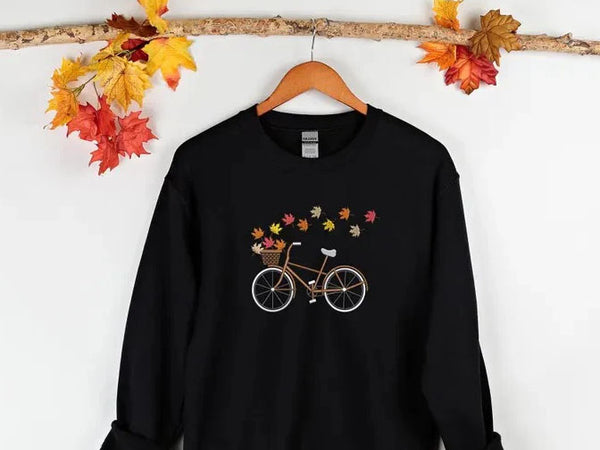 Maple Leaves Bicycle Embroidered Fall Jumper, Cycle Bucket With Leaves Autumn Sweatshirt, Spooky Crewneck Sweater, Unisex Sweater, Fall Gift