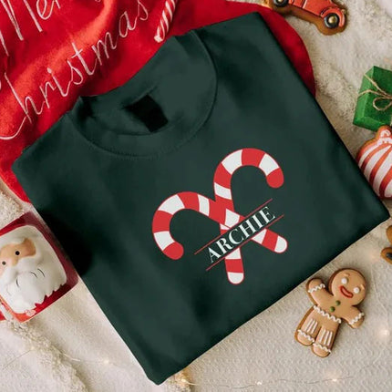 Custom Candy Canes Christmas Sweatshirt, Personlaised Name Xmas Sweatshirt, Couple Matching Xmas Printed Jumper, Christmas Party Clothing
