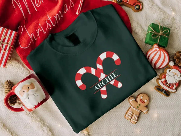 Custom Candy Canes Christmas Sweatshirt, Personlaised Name Xmas Sweatshirt, Couple Matching Xmas Printed Jumper, Christmas Party Clothing