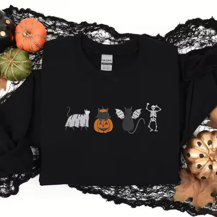Halloween Cats Embroidered Sweatshirt, Cute Autumn Sweater, Skeleton Halloween Jumper, Cat Lover Pumpkin Unisex Sweatshirt Free Delivery UK