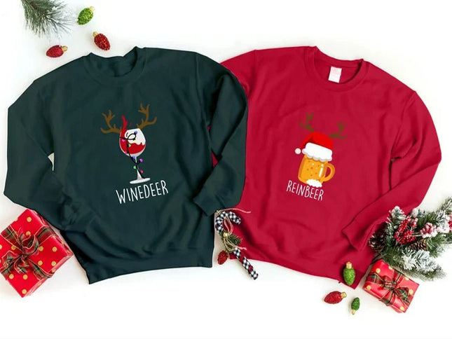 Reinbeer Winedeer Sweatshirts Christmas Couple Matching Jumpers – Xmas Holiday Gifts