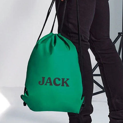 Personalised Drawstring Gym Bag, Custom Monogrammed Name Printed Water Resistant Gymsac. Comfort Color Polyester Swimming Bags, Gift for him