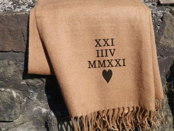 Personalised Roman Numeral Scarf, Embroidered Special Wedding Date Scarf, Custom Comfy Woven Long Winter Scarves, Anniversary Gift for Wife