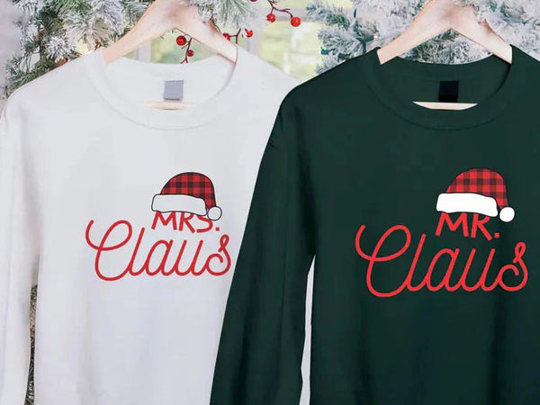 Mr. & Mrs. Clause Santa Sweatshirt, Christmas Couple Matching Printed Sweater, Personalised Husband Wife Xmas Jumper, Christmas Eve Outfits