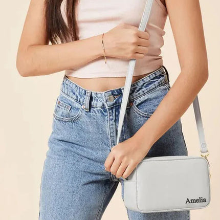Personalised Leather Crossbody Purse, Custom Name Engraved Shoulder Bag, Minimalist Womens Mini Bag with Strap, Leather Handbag Gift for Mum