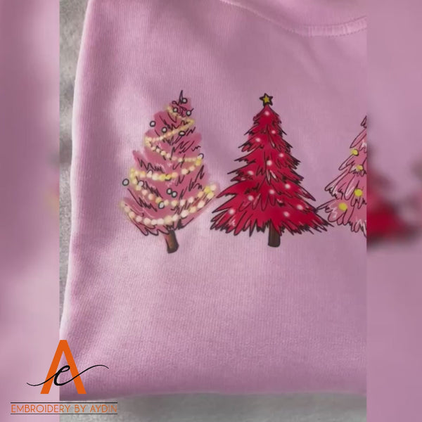 Christmas Tree Jumper, Christmas Crewneck Sweatshirt, Xmas Women Matching Pink Trees Minimalist Sweater, Christmas Eve Holiday Party Gifts