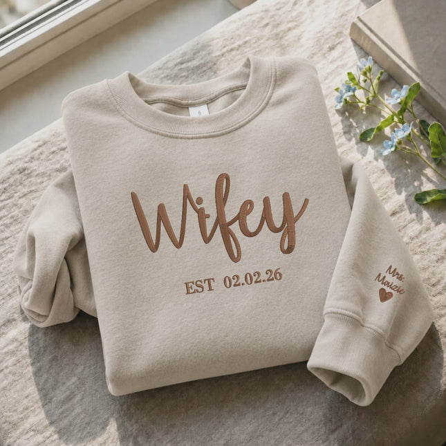Wifey Sweatshirt, Bride Embroidered Sweater, Personalised Mrs Jumper, Custom Date Bride And Groom Wedding Gift Bachelorette Party Bride Hood