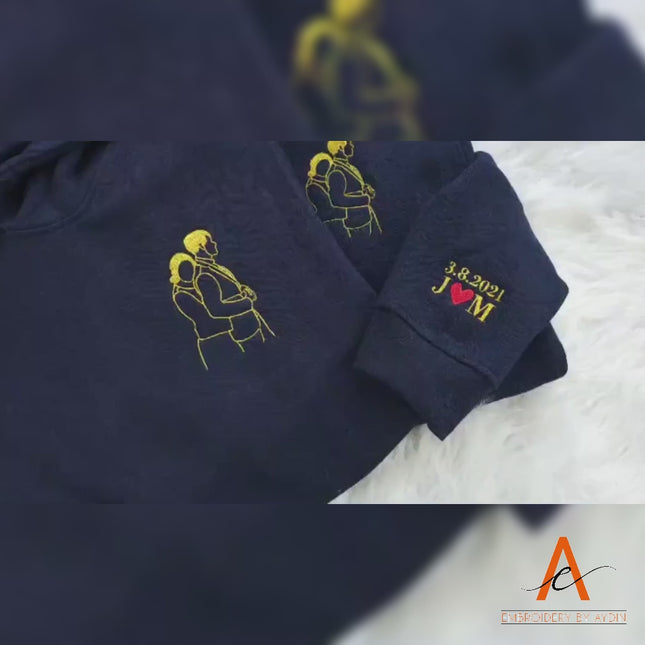 Embroidered Couple Portrait from Photo Hoodie, Custom Photo Line Art Sketch Hoodie