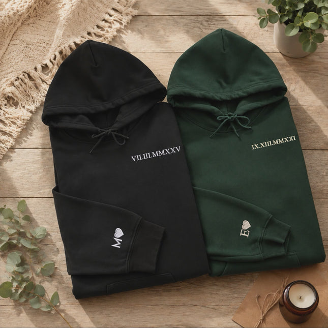 Embroidered Roman Numeral Couple Hoodie, Personalised Matching Anniversary Hoody, Initials GF BF Special Date Pullover Jumper, Fiance Gifts