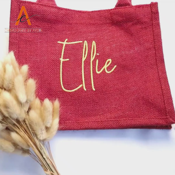 Custom Christmas Gifts Tote Bag, Personalised Name Embroidered Red Xmas Bag, Monogram Xmas Party Burlap Tote Bag, Christmas Holiday Gift Bag