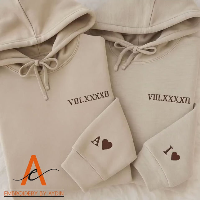 Personalised Roman Numerals Hoodie, Embroidered Couples Matching Hoodie