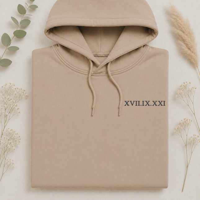 One Year Anniversary Roman Numeral Hoodie, Custom Wedding Date Embroidered Wifey Jumper, 7th Anniversary Gift Couple Matching Sweatshirt