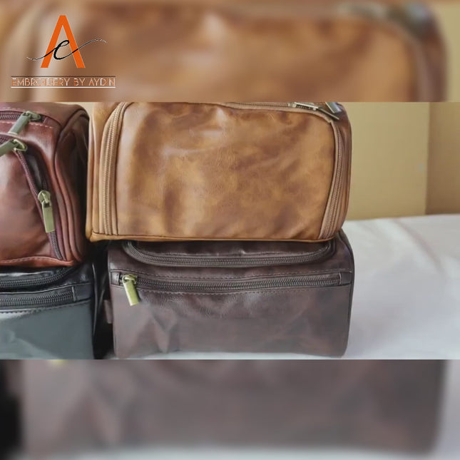 Mens Leather Engraved Toiletry Bag, Personalised Monogram Dopp Kit