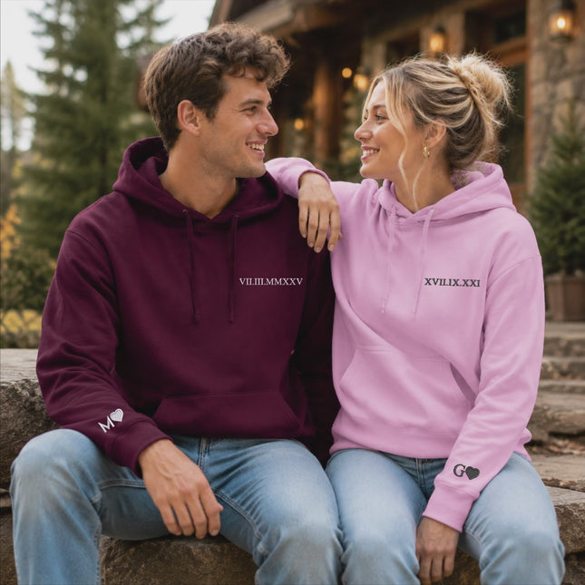 Roman Numerals Hoodie, Wedding 1 Year Anniversary Date Embroidered Sweatshirt, Personalised His and Hers Hoodies, Matching Best Friend Gifts