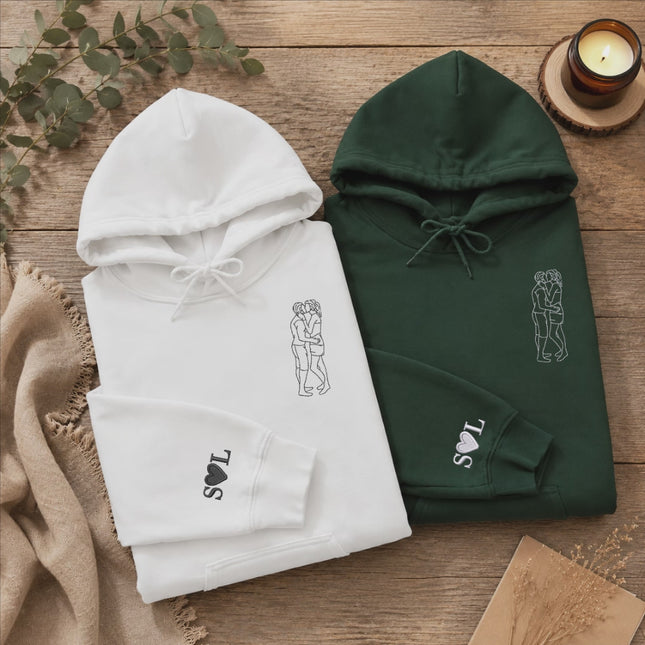 Custom Photo Embroidered Hoodie, Personalised Family Matching Sketch from Photo Unisex Jumper, 1st Anniversary Special Date Initial Outfits