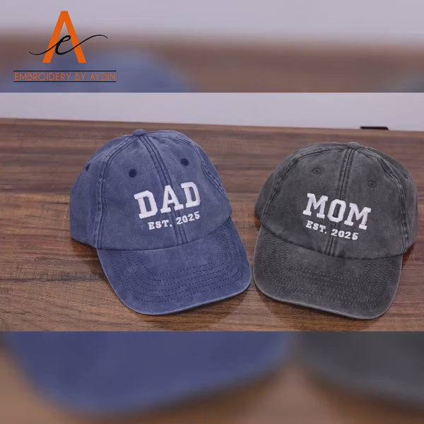 Custom Embroidered Mom and Dad Hat, Personalised Dad Est Date Baseball Cap, Pregnancy Reveal Gifts, Vintage New Mom Hat, Mother's Day Gifts