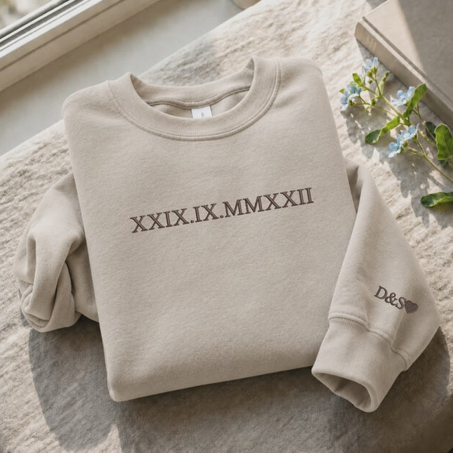 Personalised Anniversary Sweatshirt, Roman Numeral Date Initial Heart Embroidered Sweater, One Year Anniversary Gifts, His and Hers Hoodies