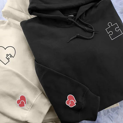 Embroidered You Complete Me Heart Puzzle Hoodies, Couple Matching Valentines Day Hoodie, Custom Heart Puzzle Valentine Jumper, Gifts for Him