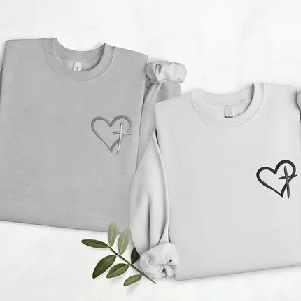 Embroidered Cross Heart Sweatshirt, Christian Religious Faith Crewneck Sweater, Love Heart Valentines Day Jumper, Valentines Gifts for Her