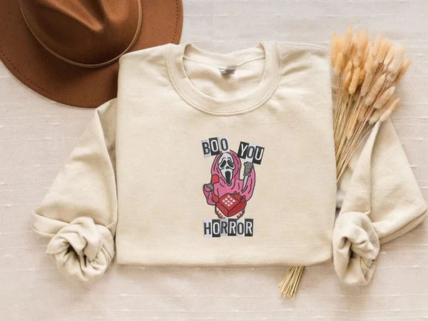 Boo You Horror Embroidered Sweater, Halloween Horror Ghost Sweatshirt, Vintage Fall Spooky Crewneck Jumper, Funny Halloween Night Party Gift