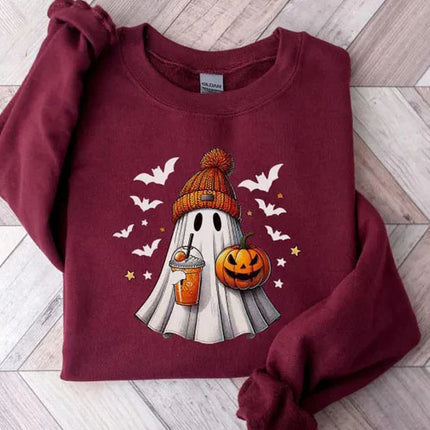 Halloween Ghost Printed Sweatshirt, Cute Ghost Halloween Pumpkin Spice Jumper, Vintage Fall Spooky Sweaters, Funny Halloween Party Outfits