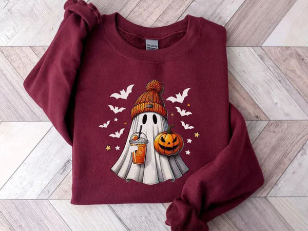 Halloween Ghost Printed Sweatshirt, Cute Ghost Halloween Pumpkin Spice Jumper, Vintage Fall Spooky Sweaters, Funny Halloween Party Outfits