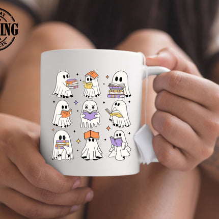 Halloween Ghost Bookish Mug, Cute Boo Ghost Book Reading Mug, Funny Fall Printed Cup, Spooky Season Mug, Halloween Book Lovers Coffee Mug