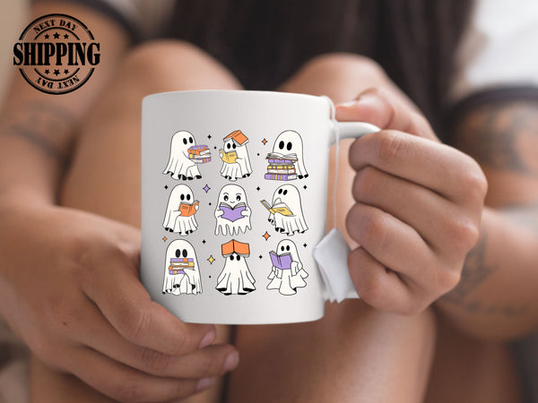 Halloween Ghost Bookish Mug, Cute Boo Ghost Book Reading Mug, Funny Fall Printed Cup, Spooky Season Mug, Halloween Book Lovers Coffee Mug