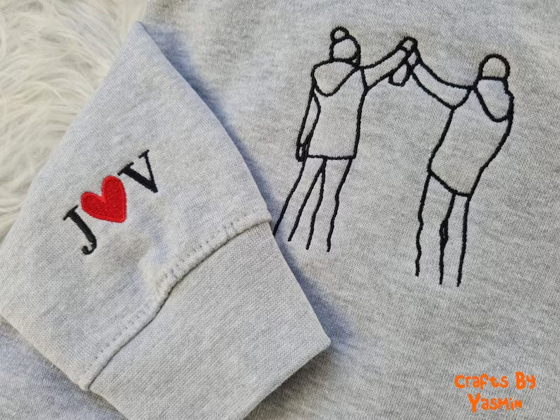 Custom Photo Embroidered Hoodie, Personalised Family Matching Sketch from Photo Unisex Jumper, 1st Anniversary Special Date Initial Sweater