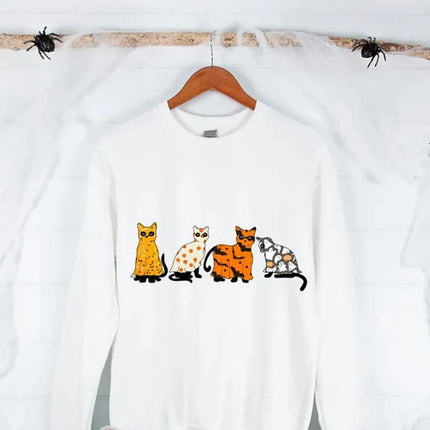 Halloween Ghost Cats Sweatshirt, Cute Black Cats Printed Sweater, Witchy Halloween Jumper, Spooky Season Crewneck, Cat Lover Halloween Gifts