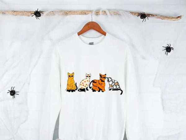 Halloween Ghost Cats Sweatshirt, Cute Black Cats Printed Sweater, Witchy Halloween Jumper, Spooky Season Crewneck, Cat Lover Halloween Gifts